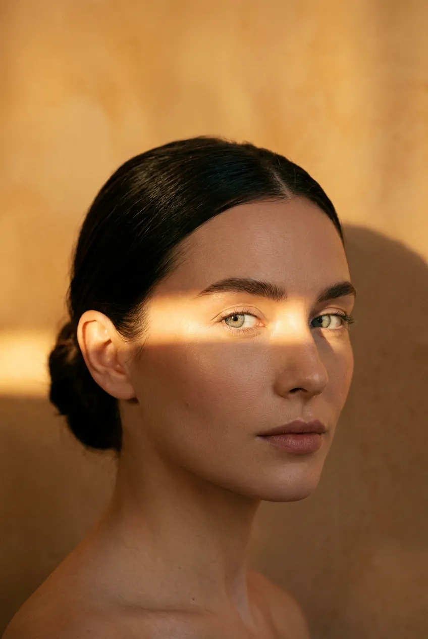 Face of a woman against an ochre wall, a narrow warm band of light falls across the cheekbones, symbolic image on the subject of collagen stimulation at BONITAS in Nuremberg