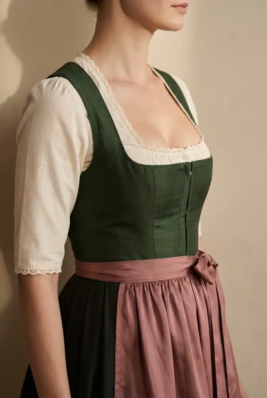 Frau im Halbprofil in einem hochwertigen Dirndl mit grüner Seidenkorsage vor beiger Wand, Symbolbild zum Thema Brustvergrößerung bei BONITAS in Nürnberg